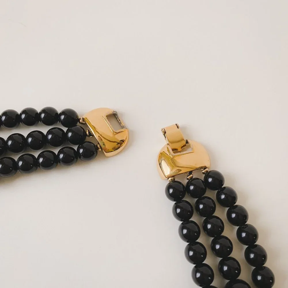 Vintage Monet Black Ball Round Beaded Multi Strand Statement Bib Necklace - Picture 9 of 12